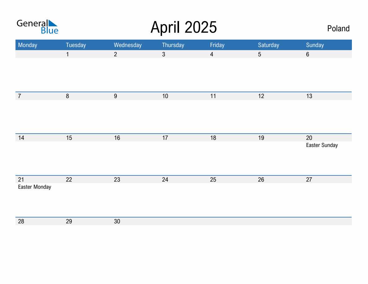 Editable April 2025 Calendar with Poland Holidays