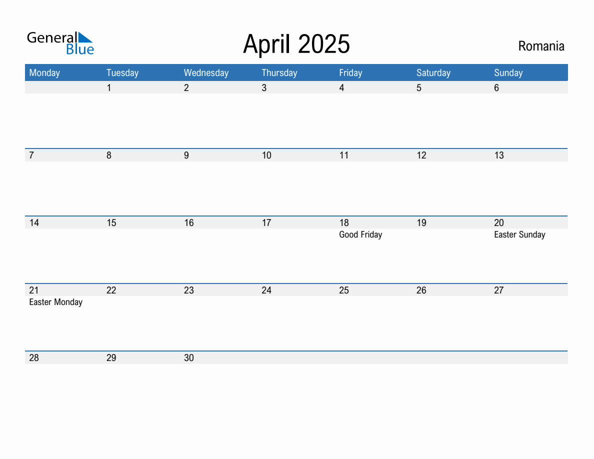 Editable April 2025 Calendar with Romania Holidays