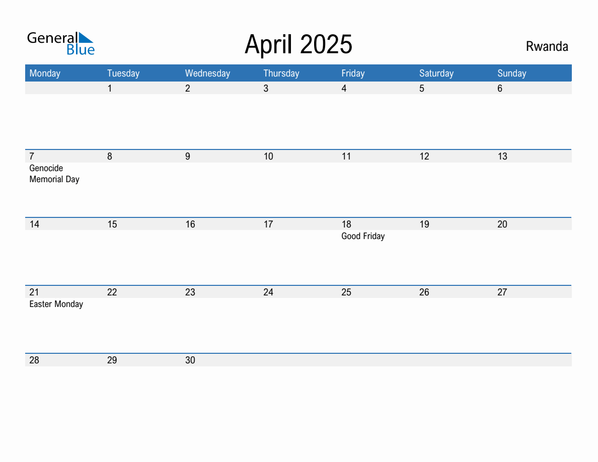 Calendar 2025 Rwanda 