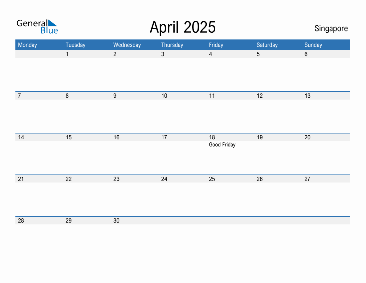 Editable April 2025 Calendar with Singapore Holidays