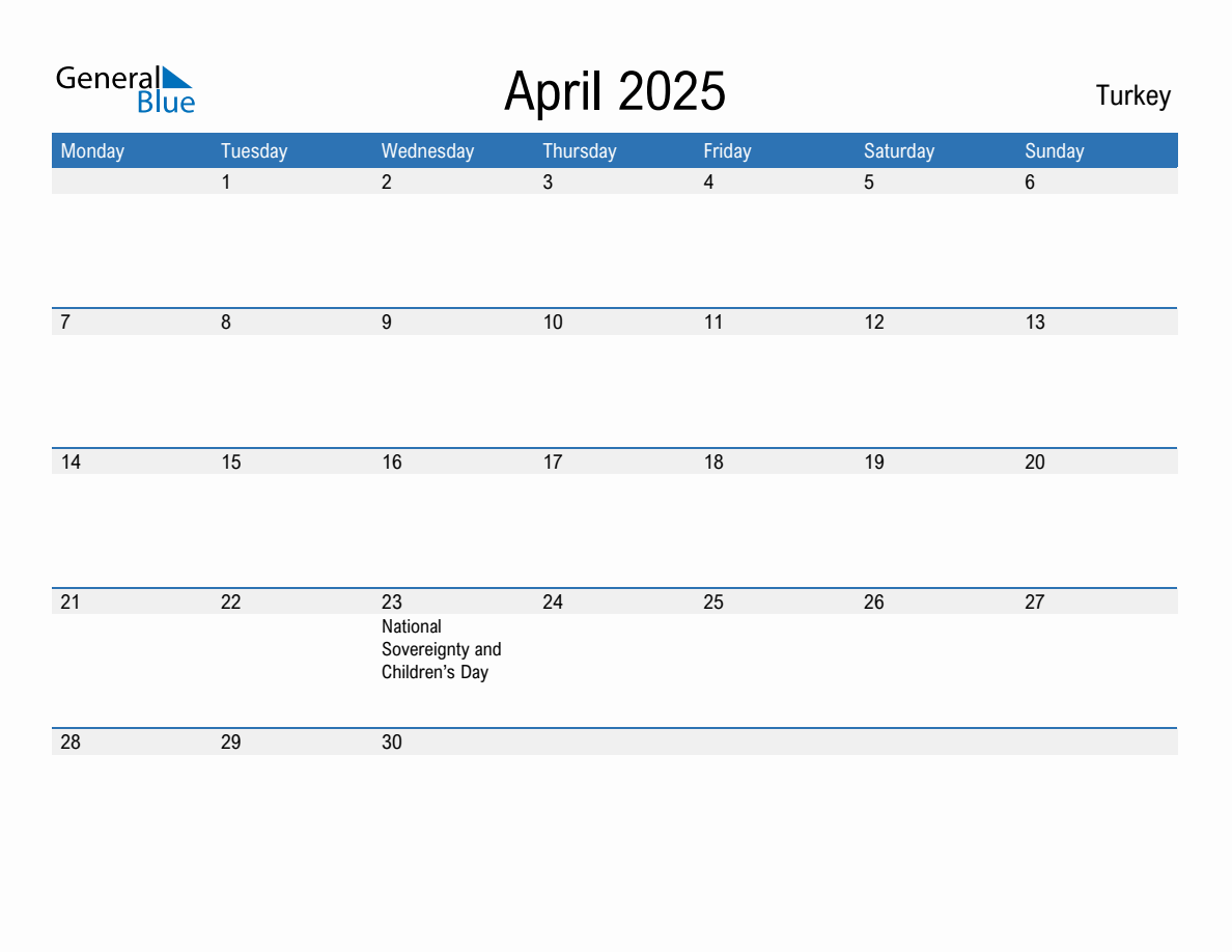 Editable April 2025 Calendar with Turkey Holidays