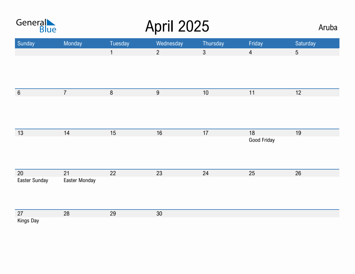 Editable April 2025 Calendar with Aruba Holidays