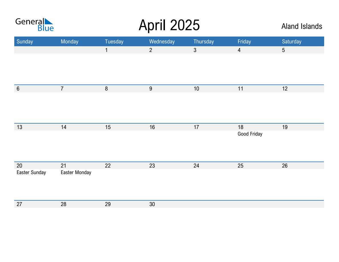 Editable April 2025 Calendar with Aland Islands Holidays