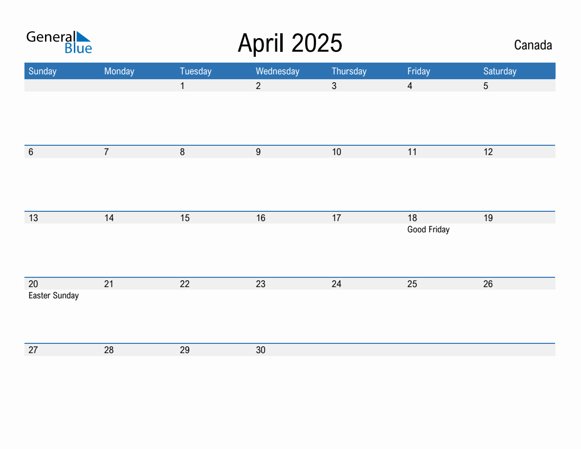 Editable April 2025 Calendar with Canada Holidays