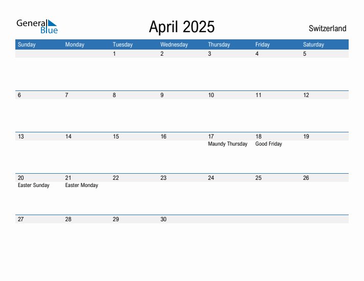 Editable April 2025 Calendar with Switzerland Holidays