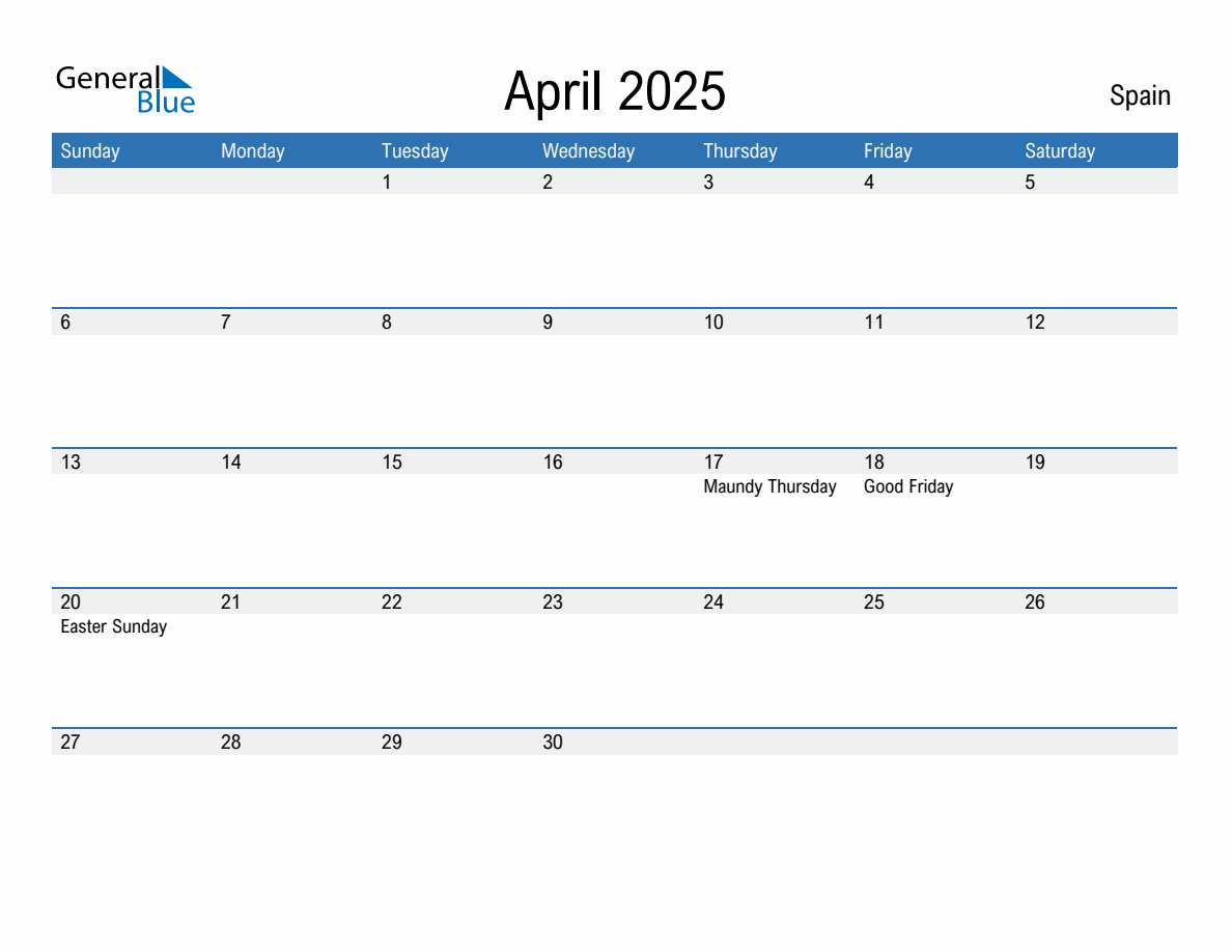 Editable April 2025 Calendar with Spain Holidays