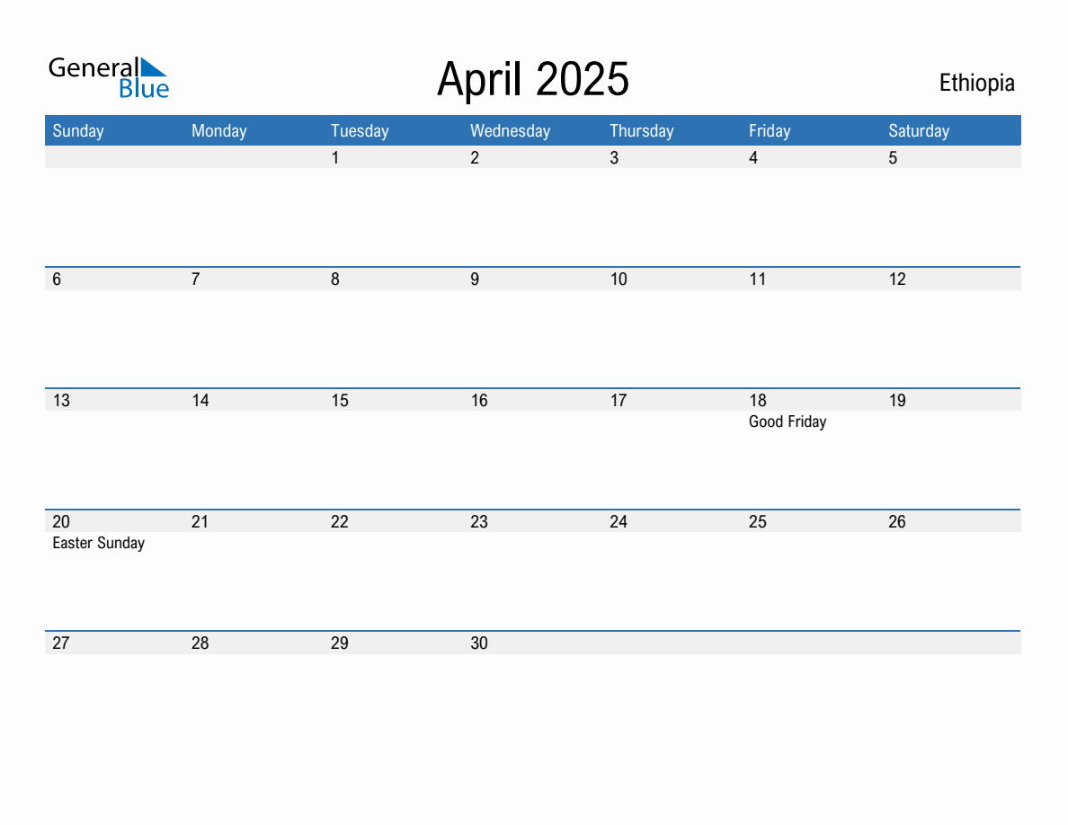 Editable April 2025 Calendar with Ethiopia Holidays