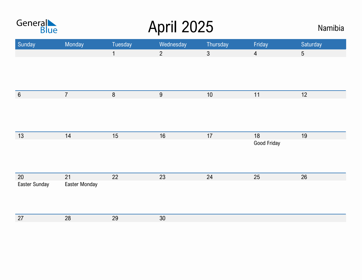 Editable April 2025 Calendar with Namibia Holidays