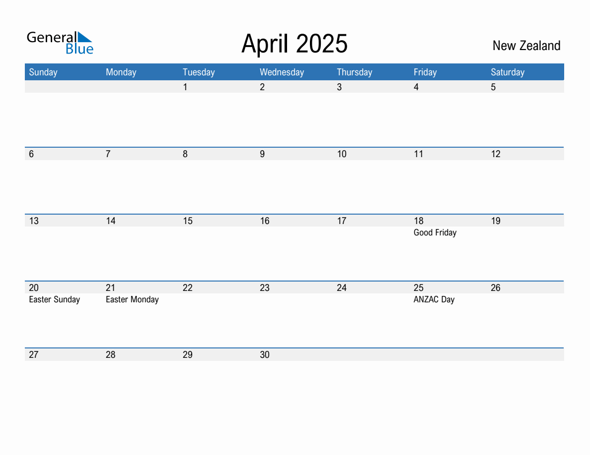 Editable April 2025 Calendar with New Zealand Holidays