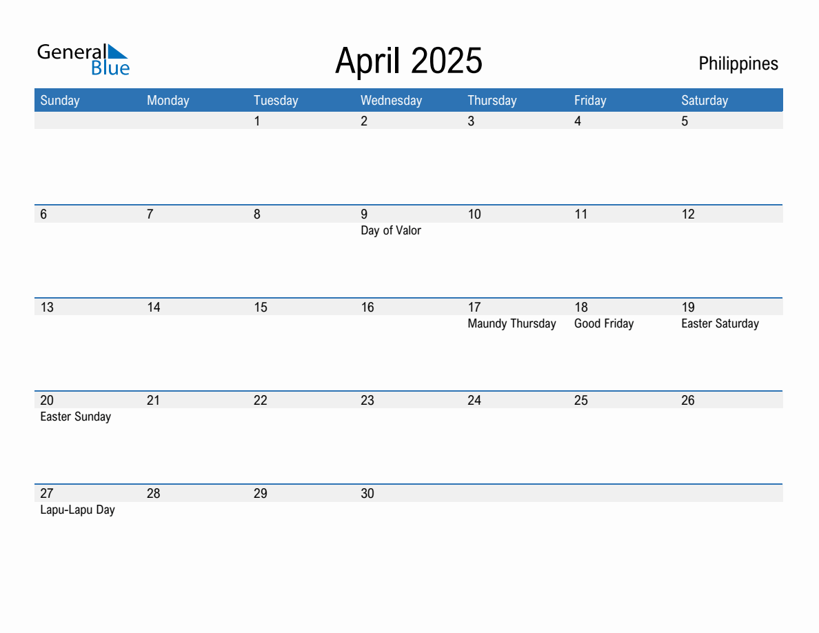 Editable April 2025 Calendar with Philippines Holidays