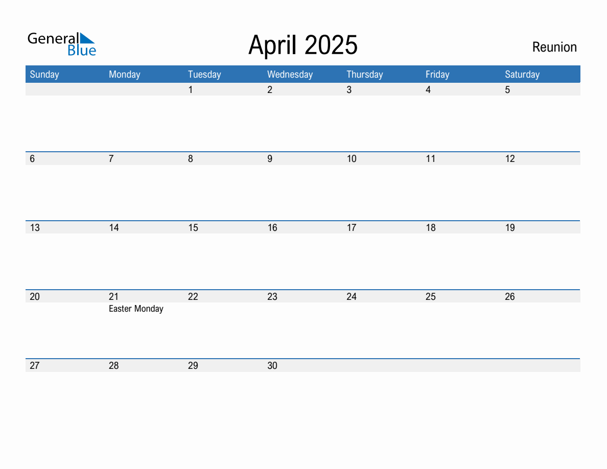 Editable April 2025 Calendar with Reunion Holidays