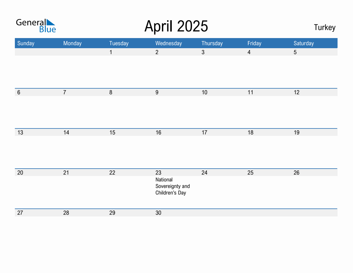 Editable April 2025 Calendar with Turkey Holidays