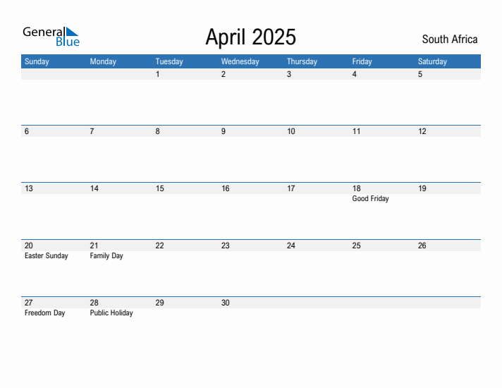 Editable April 2025 Calendar with South Africa Holidays