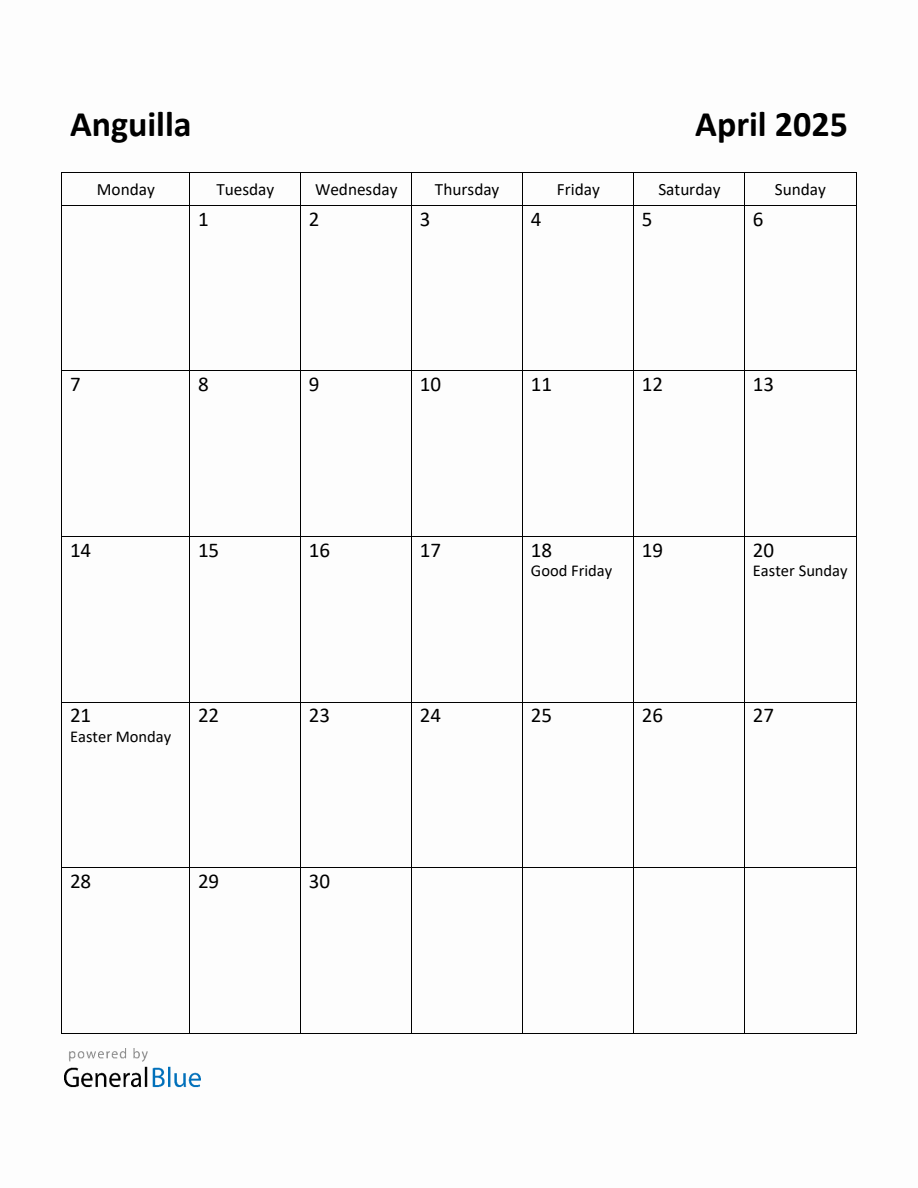 Free Printable April 2025 Calendar for Anguilla