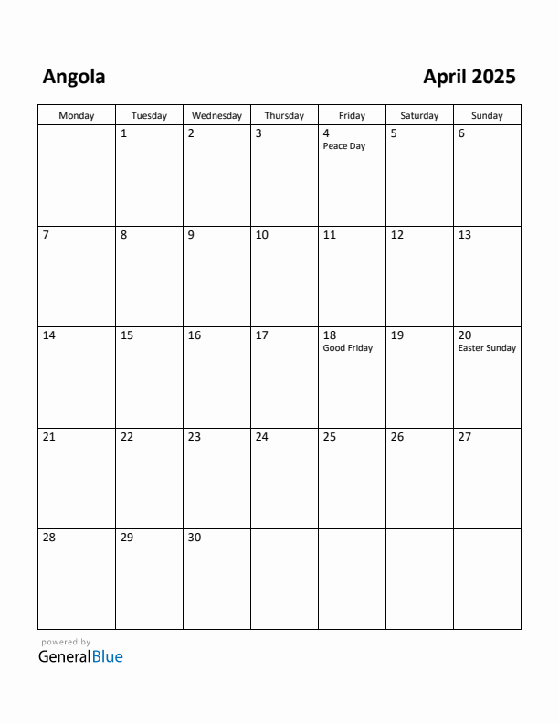 April 2025 Calendar with Angola Holidays