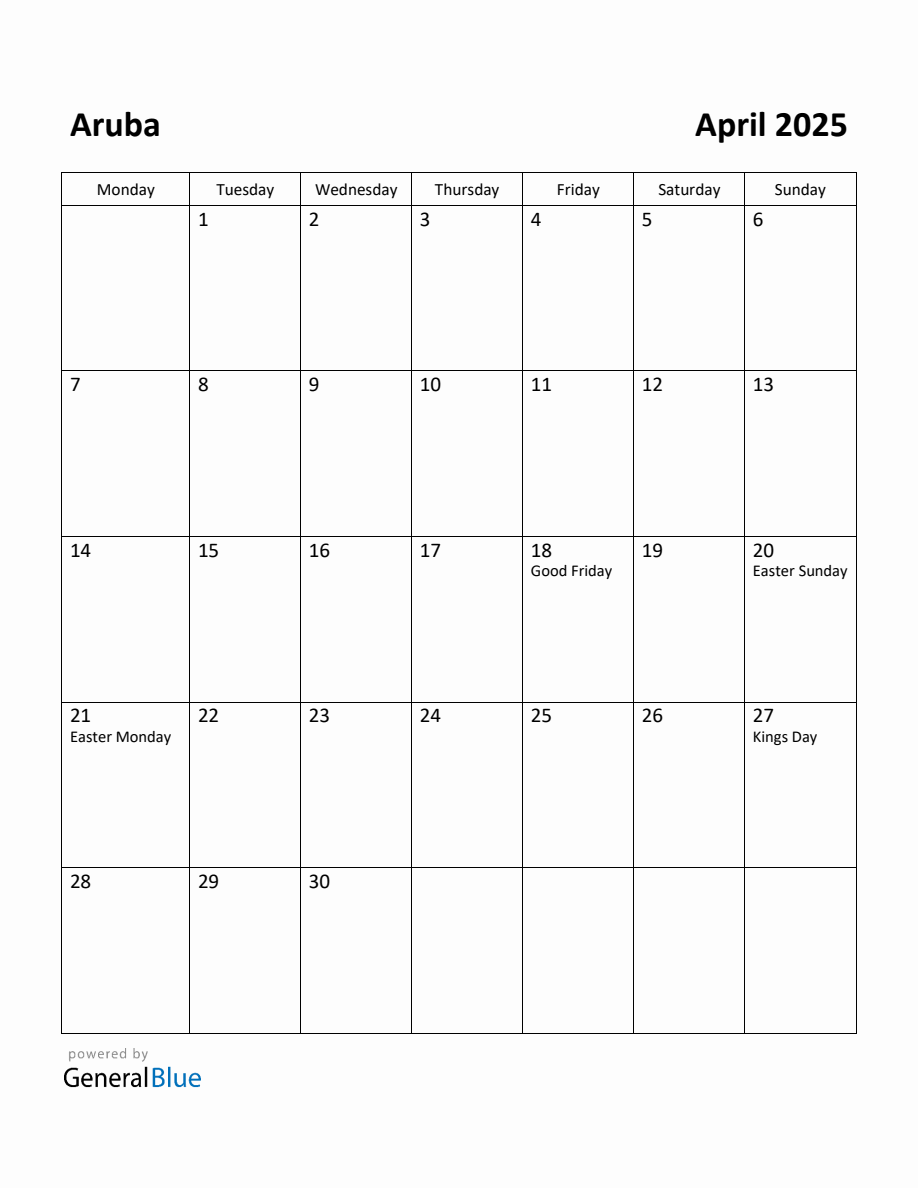 Free Printable April 2025 Calendar for Aruba