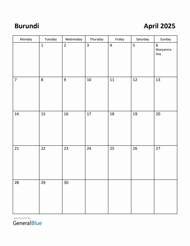 April 2025 Calendar with Burundi Holidays