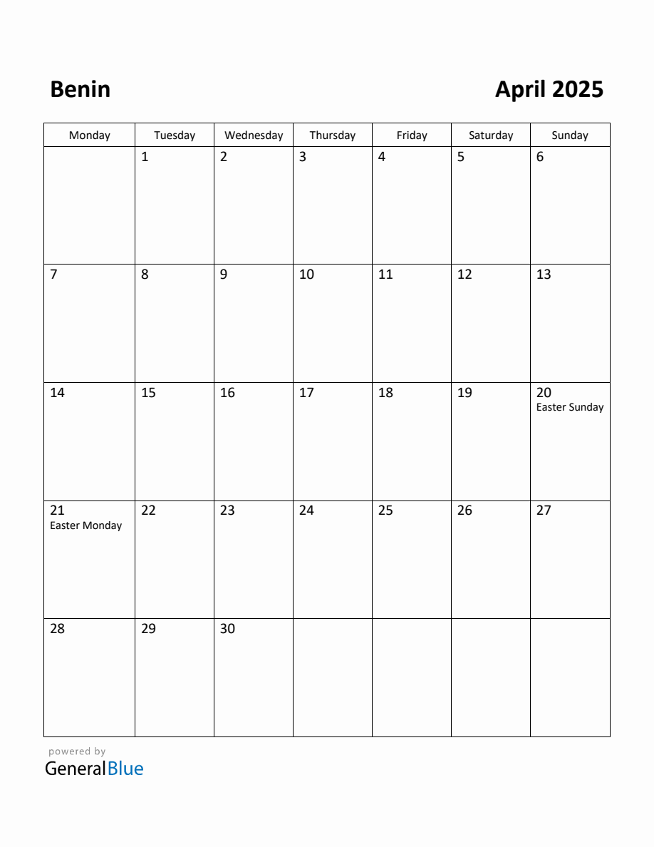 Free Printable April 2025 Calendar for Benin