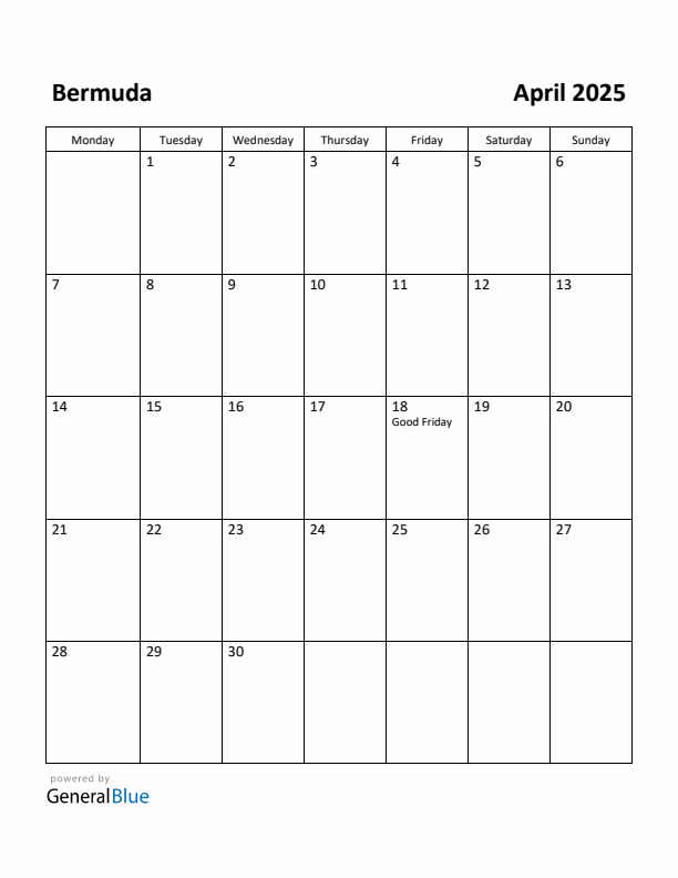 April 2025 Calendar with Bermuda Holidays