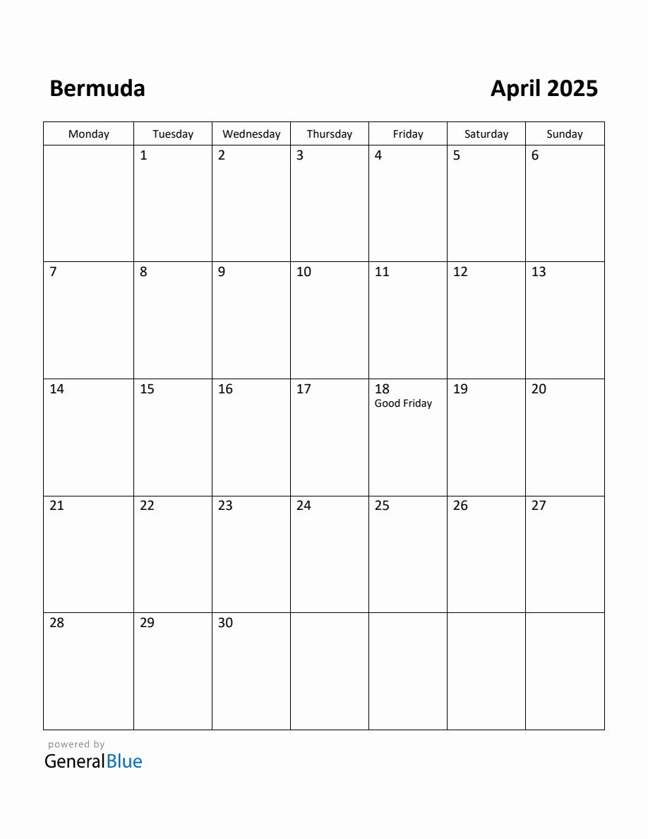 Free Printable April 2025 Calendar for Bermuda