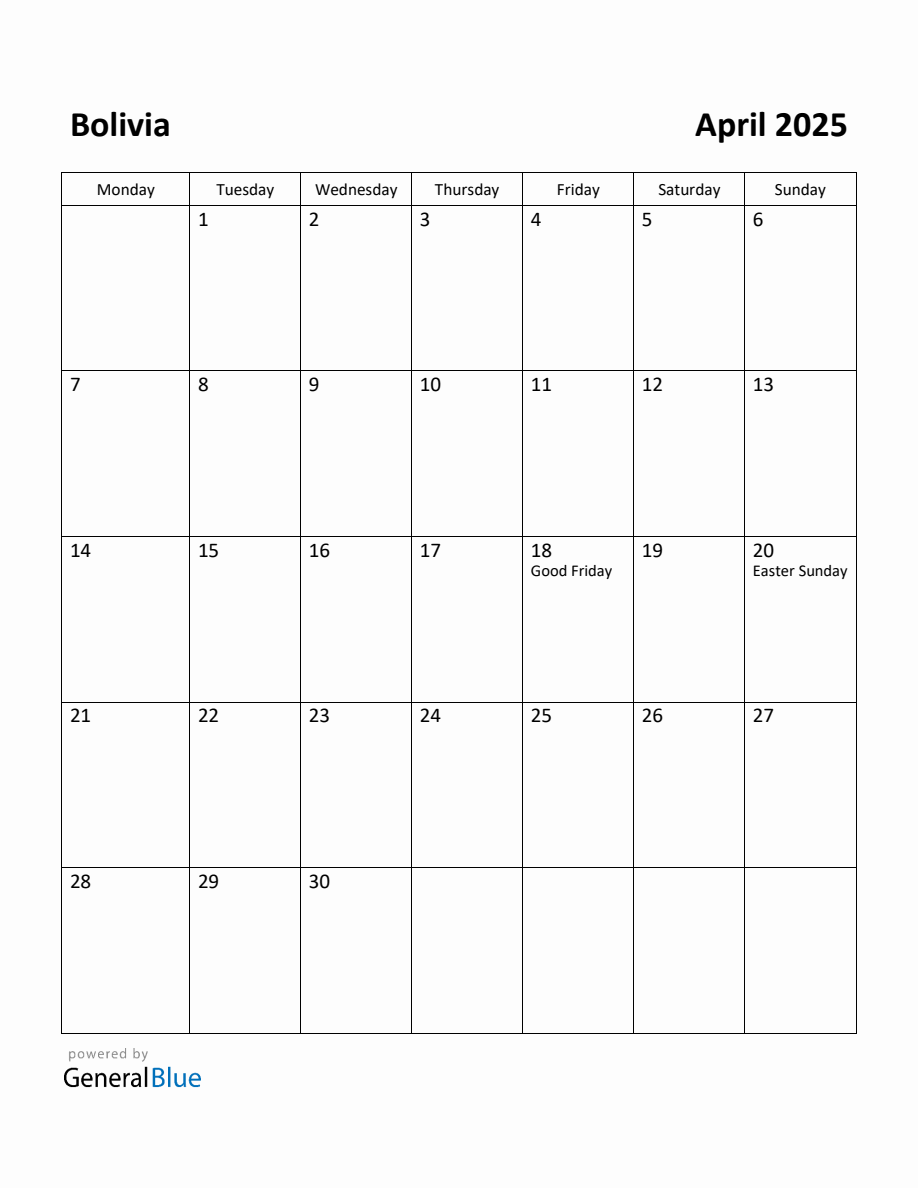 Free Printable April 2025 Calendar for Bolivia