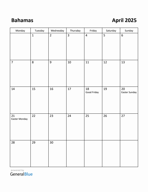 April 2025 Calendar with Bahamas Holidays
