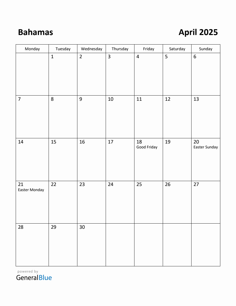 Free Printable April 2025 Calendar for Bahamas