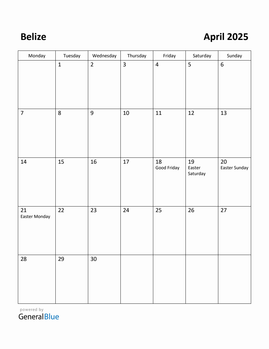 Free Printable April 2025 Calendar for Belize