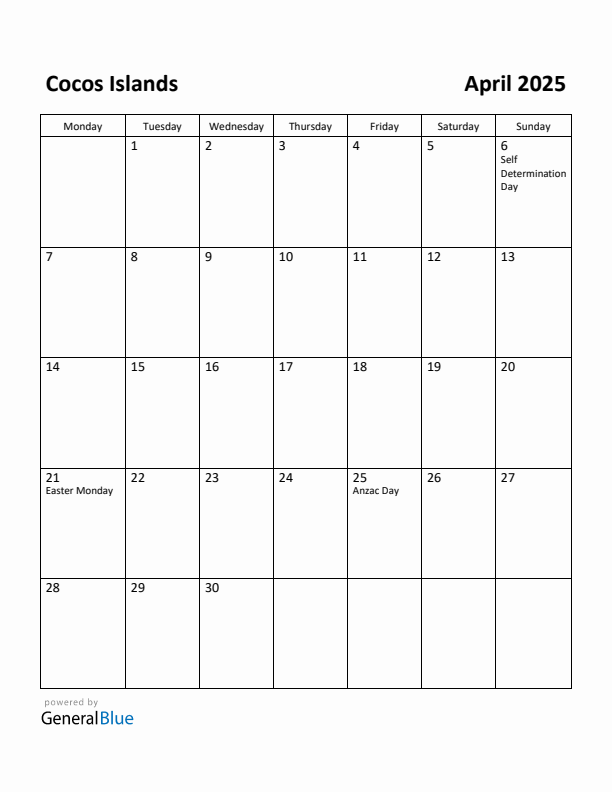 April 2025 Calendar with Cocos Islands Holidays