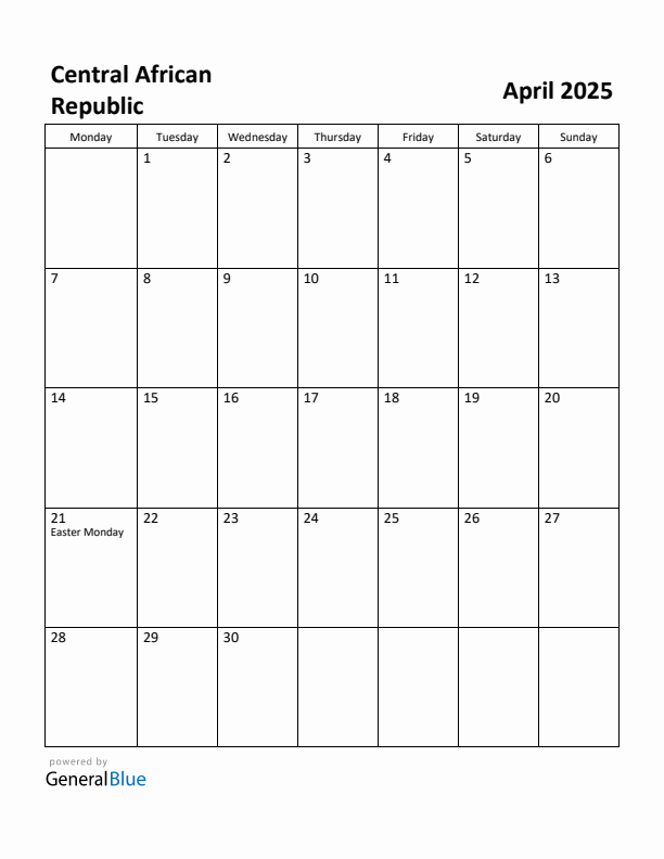 April 2025 Calendar with Central African Republic Holidays