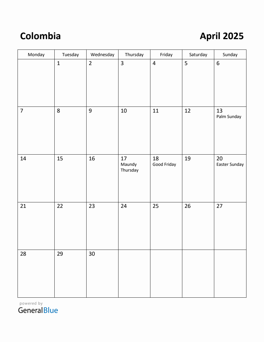 Free Printable April 2025 Calendar for Colombia