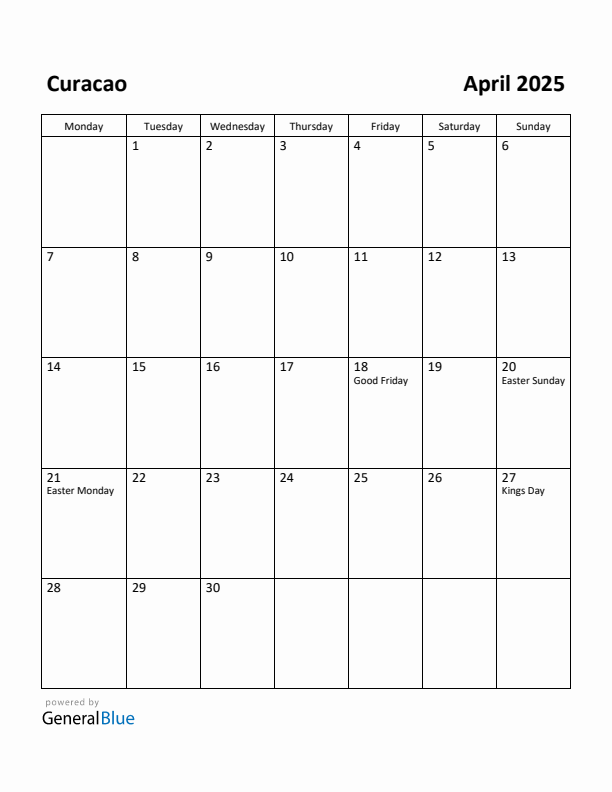 April 2025 Calendar with Curacao Holidays