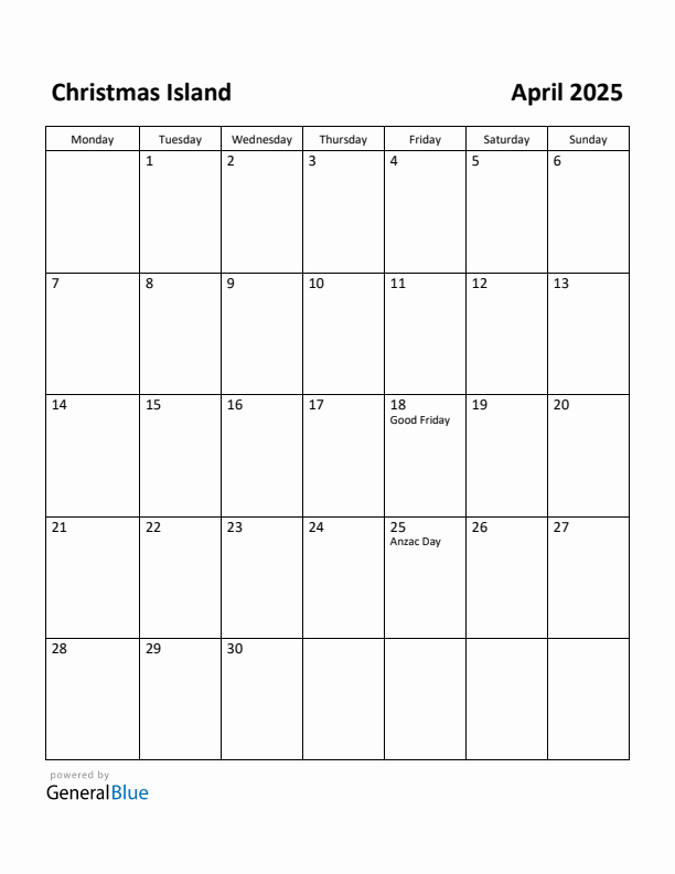 April 2025 Calendar with Christmas Island Holidays