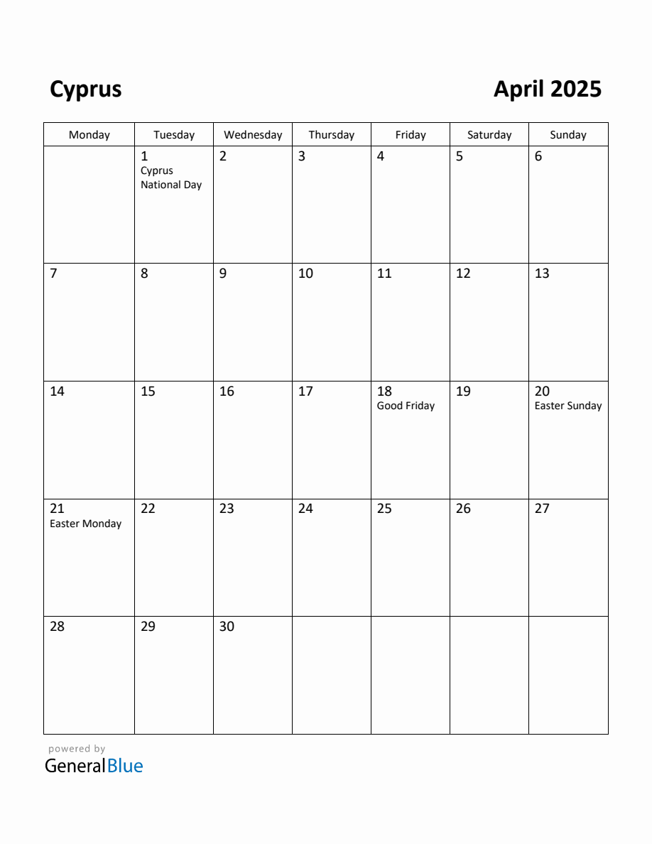 Free Printable April 2025 Calendar for Cyprus