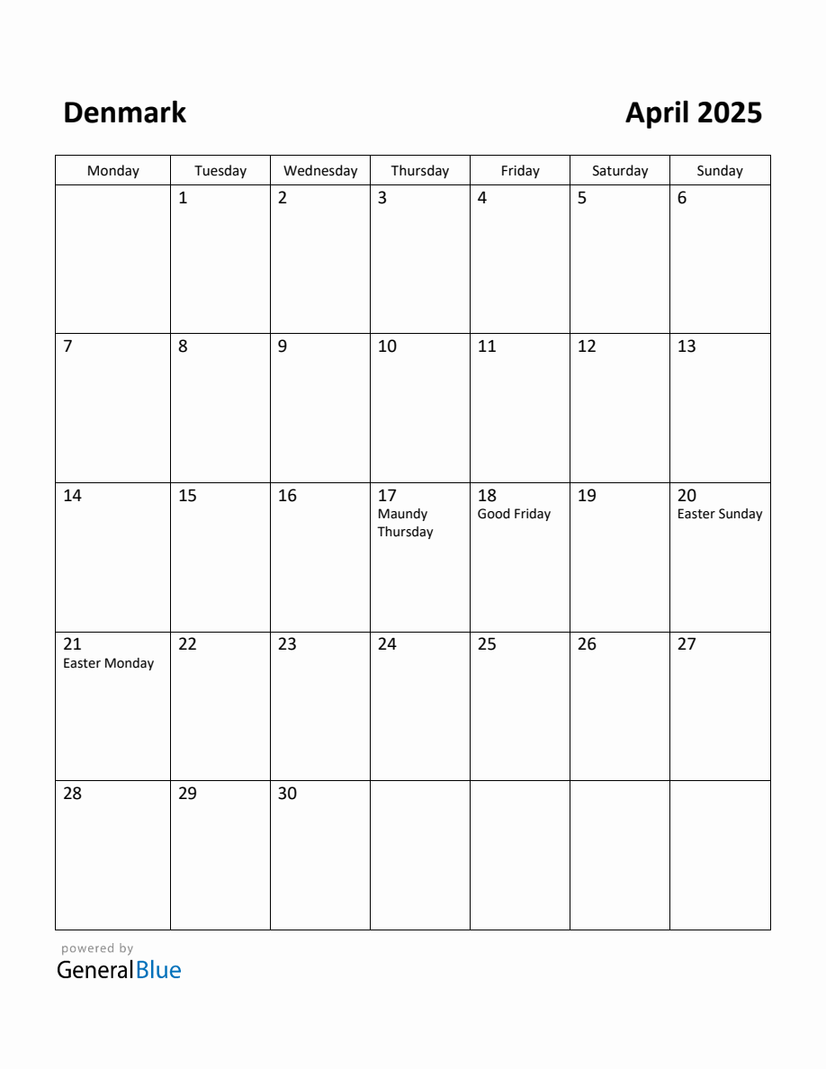 Free Printable April 2025 Calendar for Denmark