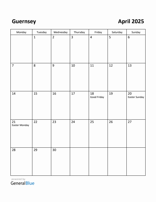 April 2025 Calendar with Guernsey Holidays