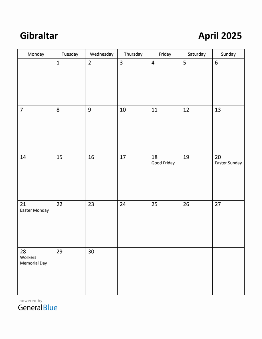 Free Printable April 2025 Calendar for Gibraltar