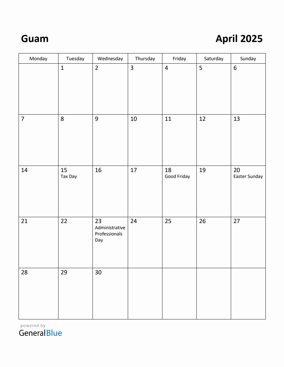 Free Printable April 2025 Calendar for Guam