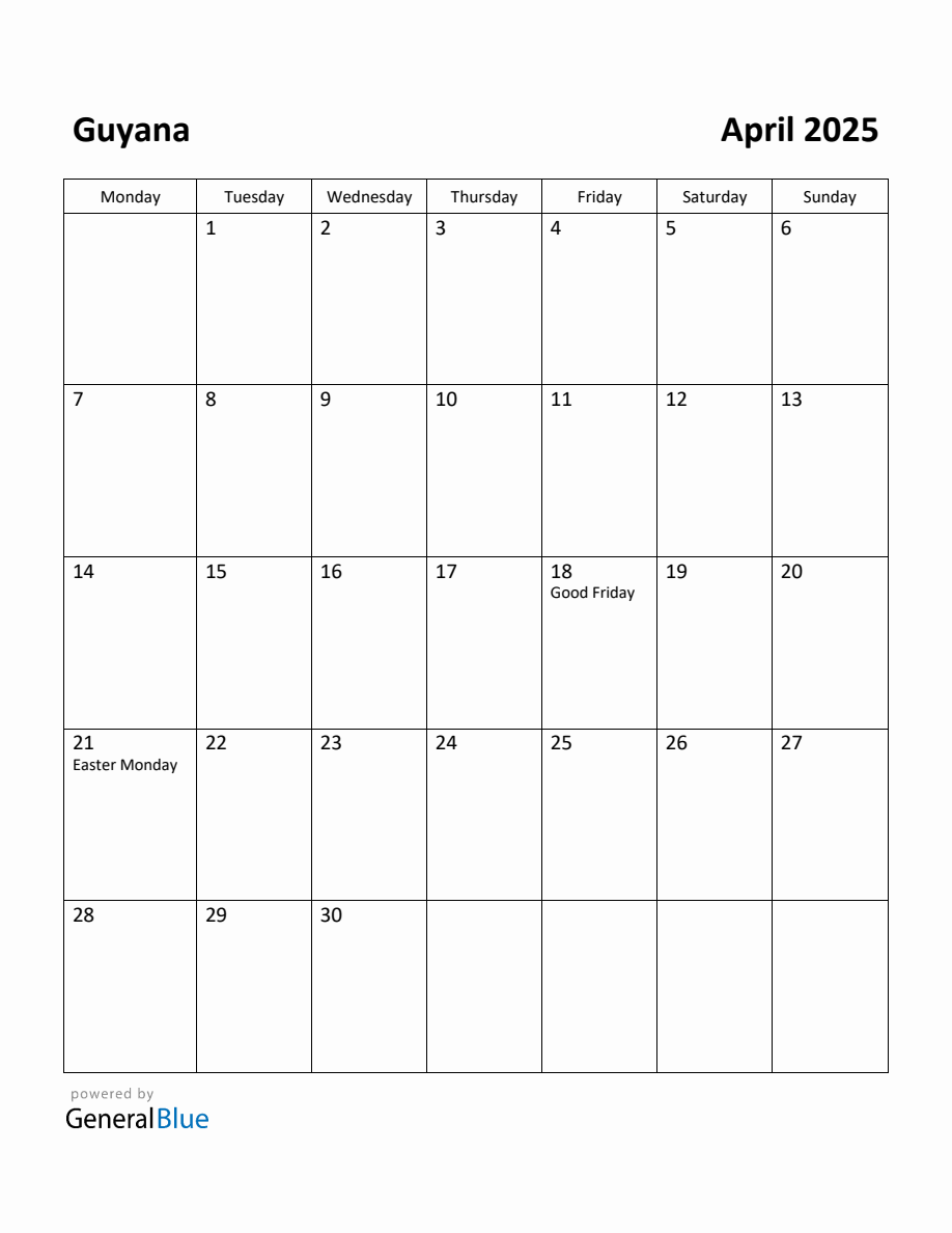 Free Printable April 2025 Calendar for Guyana