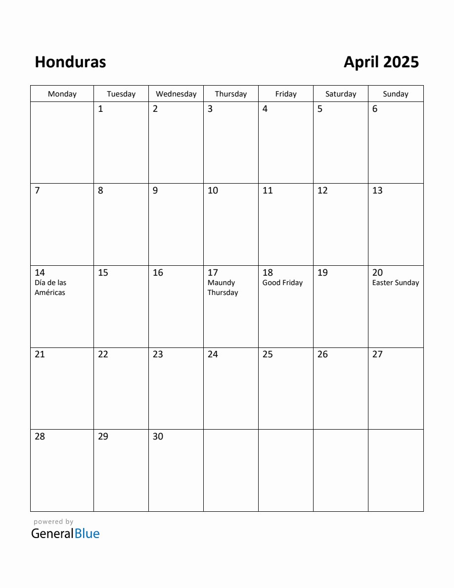 Free Printable April 2025 Calendar for Honduras