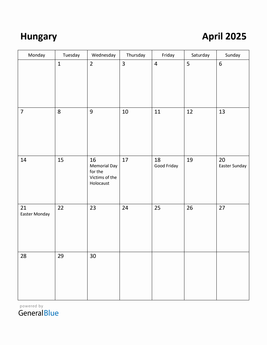 Free Printable April 2025 Calendar for Hungary