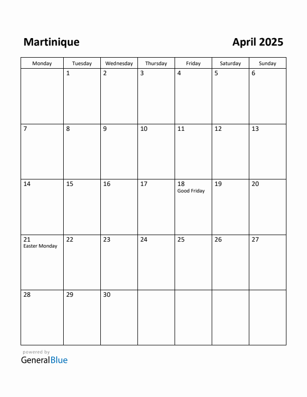 April 2025 Calendar with Martinique Holidays