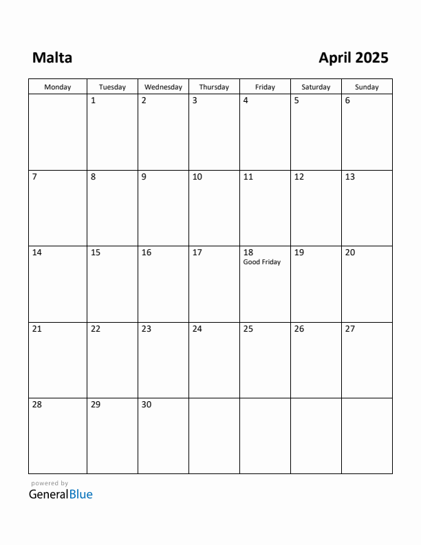 April 2025 Calendar with Malta Holidays
