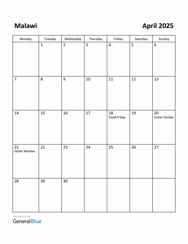 April 2025 Calendar with Malawi Holidays