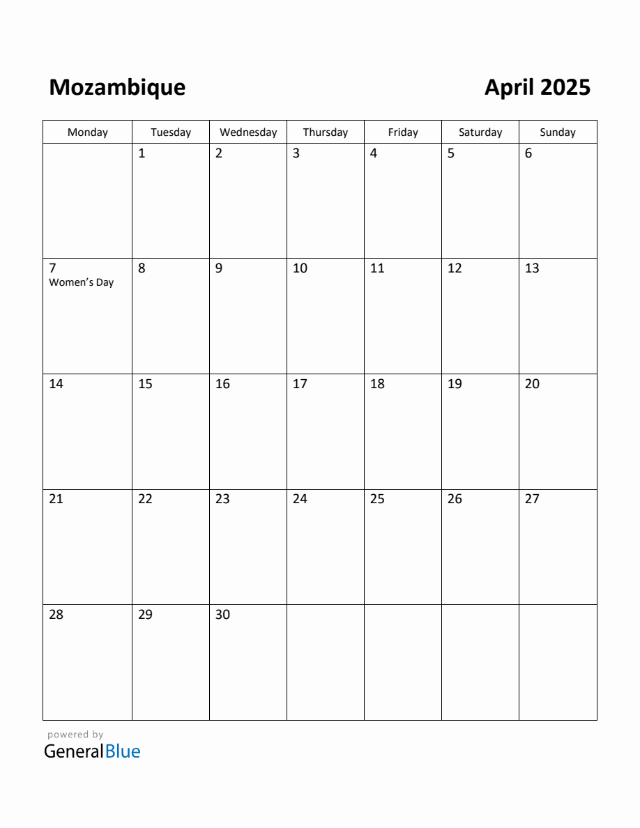 Free Printable April 2025 Calendar for Mozambique