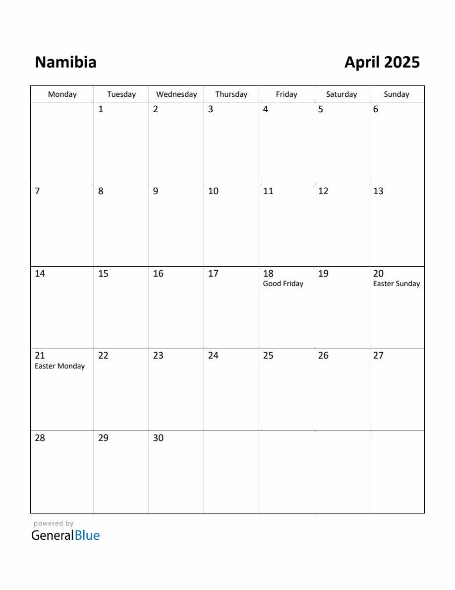 Free Printable April 2025 Calendar for Namibia