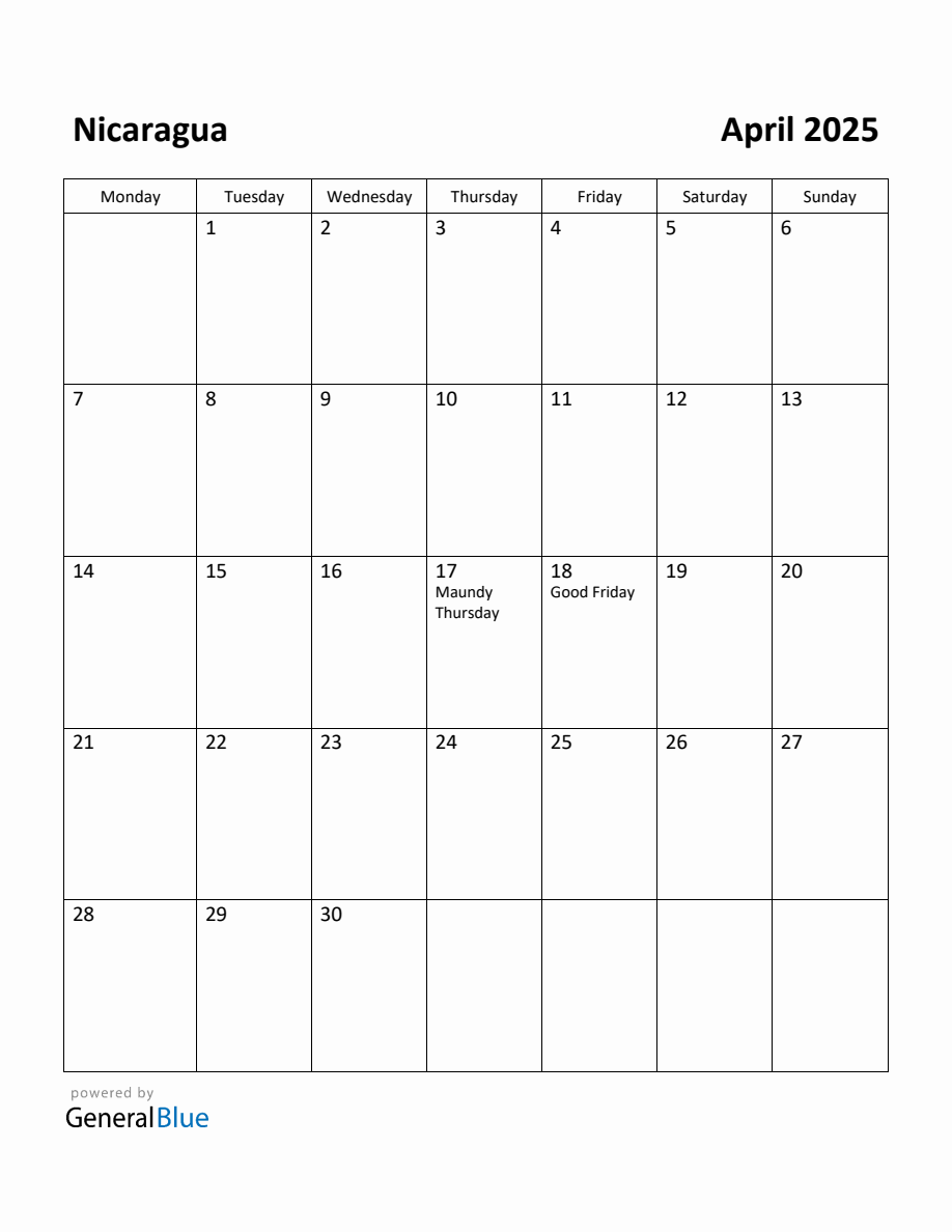 Free Printable April 2025 Calendar for Nicaragua