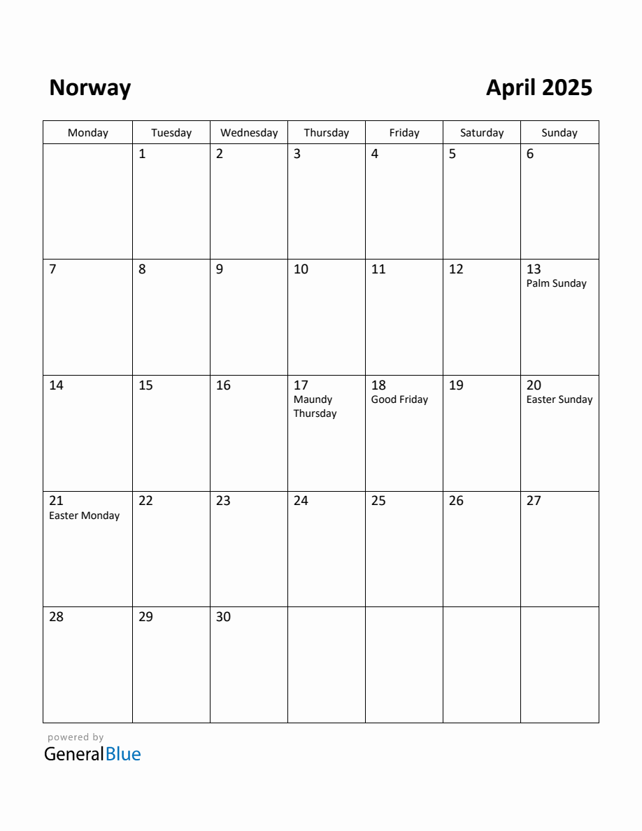 Free Printable April 2025 Calendar for Norway