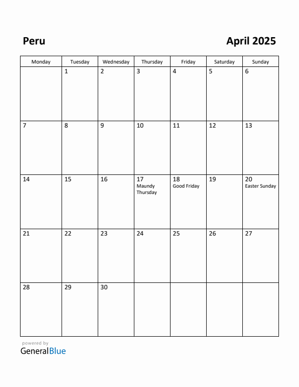 April 2025 Calendar with Peru Holidays