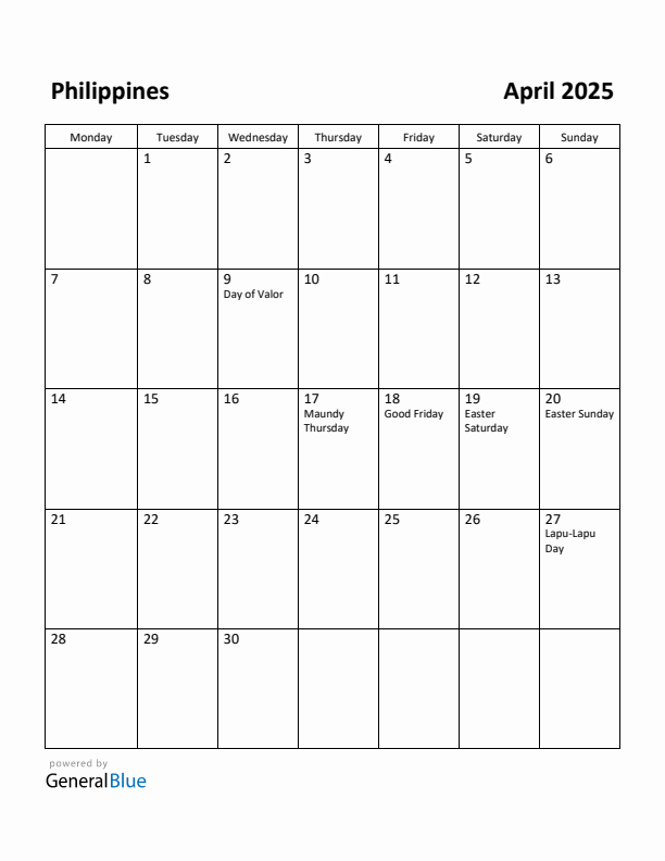 Free Printable April 2025 Calendar for Philippines
